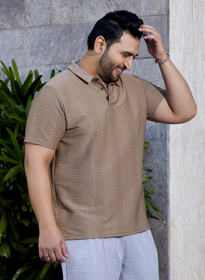 Instafab Plus  Instafab Plus Men's Almond Brown Flatten-Ruched Polo T-Shirt For Casual Wear | Polo Neck | Short Regular Sleeves | Half-Button Closure | Plus Size T-Shirt Crafted With Comfort Fit For Everyday Wear for Men | Best Price UAE