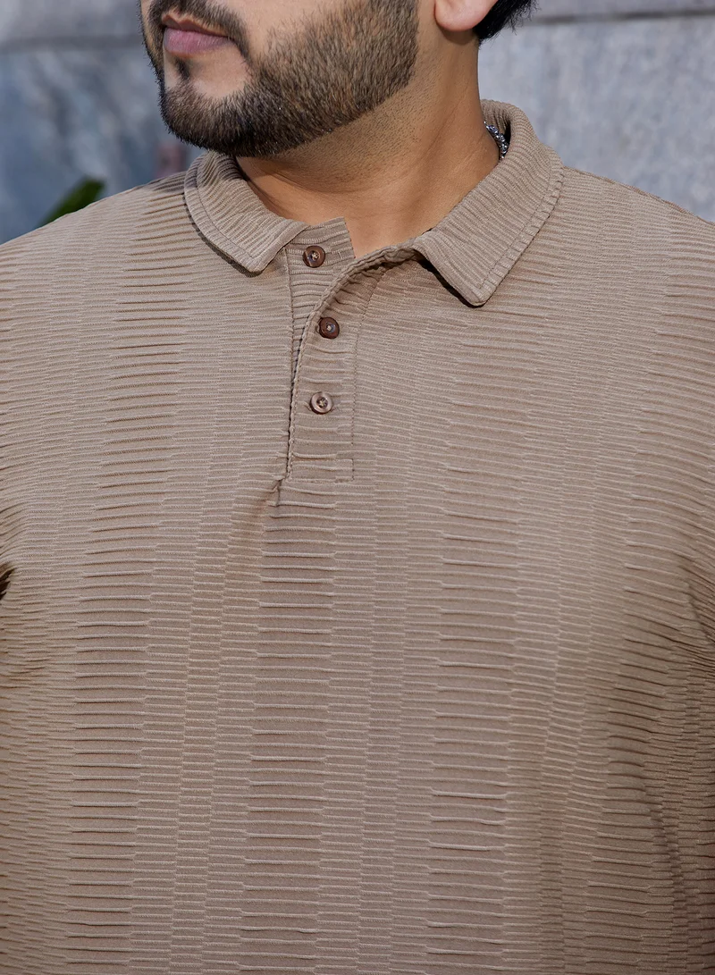 Instafab Plus  Instafab Plus Men's Almond Brown Flatten-Ruched Polo T-Shirt For Casual Wear | Polo Neck | Short Regular Sleeves | Half-Button Closure | Plus Size T-Shirt Crafted With Comfort Fit For Everyday Wear for Men | Best Price UAE