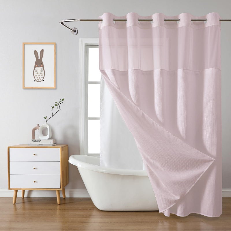 eachope BlushPink No Hook Waffle Weave Shower Curtain with snap-in Liner Replacement, 230GSM Waterproof Fabric Hotel Shower Curtain Set for Bathroom, Through Mesh Top Window,71Wx74H - Image 1