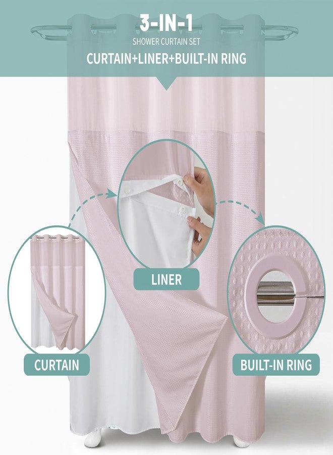 eachope BlushPink No Hook Waffle Weave Shower Curtain with snap-in Liner Replacement, 230GSM Waterproof Fabric Hotel Shower Curtain Set for Bathroom, Through Mesh Top Window,71Wx74H - Image 2