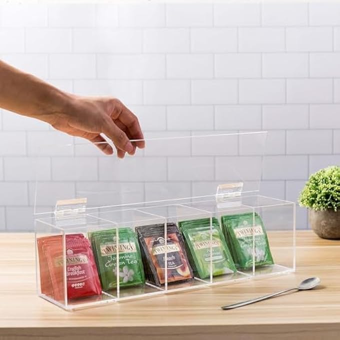 Rose Acrylic  Modern Clear Premium Acrylic Tea Bag Organizer Box With 5 Compartments And Hinged Lid Kitchen Countertop Storage Caddy For Assorted Teas And Condiments - Image 1