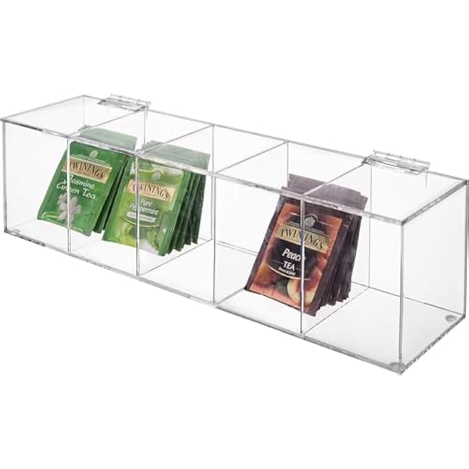 Rose Acrylic  Modern Clear Premium Acrylic Tea Bag Organizer Box With 5 Compartments And Hinged Lid Kitchen Countertop Storage Caddy For Assorted Teas And Condiments - Image 4