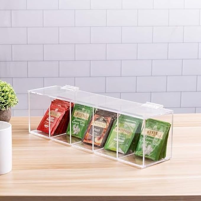 Rose Acrylic  Modern Clear Premium Acrylic Tea Bag Organizer Box With 5 Compartments And Hinged Lid Kitchen Countertop Storage Caddy For Assorted Teas And Condiments - Image 3