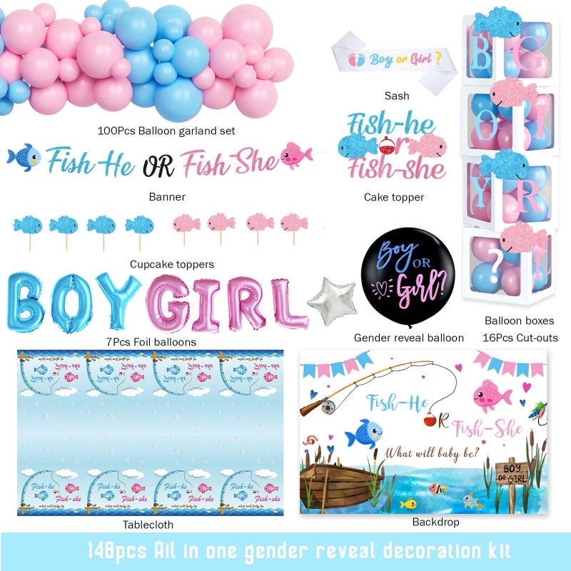Fiesec Fishing Gender Reveal Decorations, Baby Boy or Girl Gender Reveal Party Decor, Fish She or Fish He Backdrop Balloon Banner Tablecloth Box Sash for Gone Fishing Baby Shower Supplies - Image 2