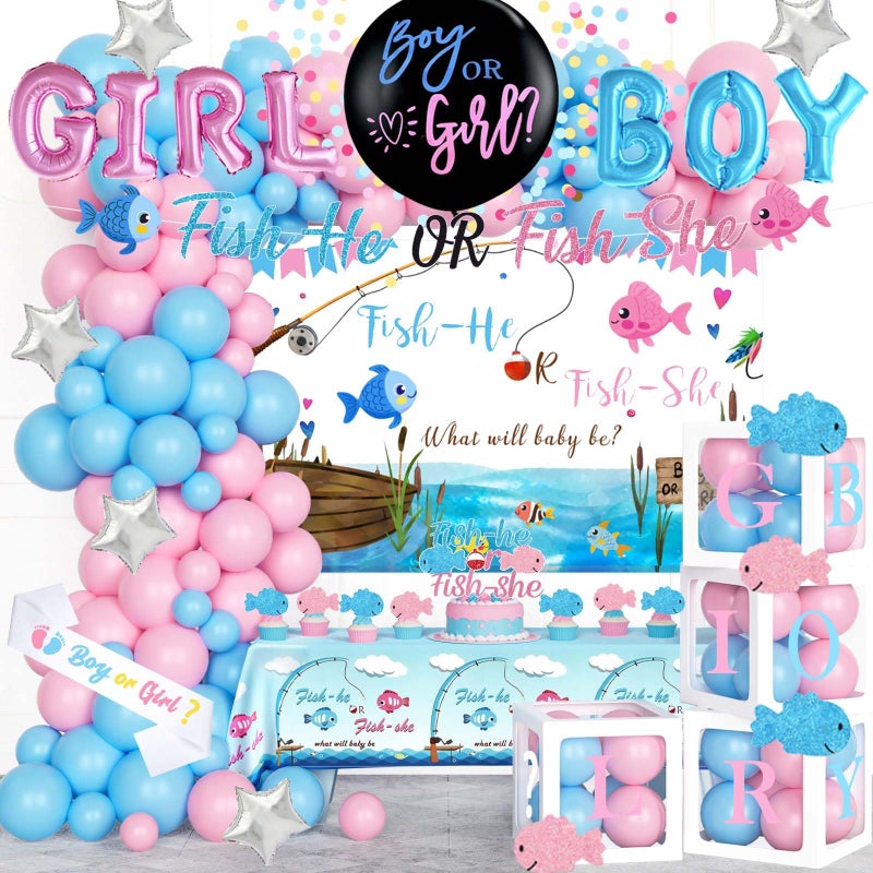 Fiesec Fishing Gender Reveal Decorations, Baby Boy or Girl Gender Reveal Party Decor, Fish She or Fish He Backdrop Balloon Banner Tablecloth Box Sash for Gone Fishing Baby Shower Supplies - Image 1