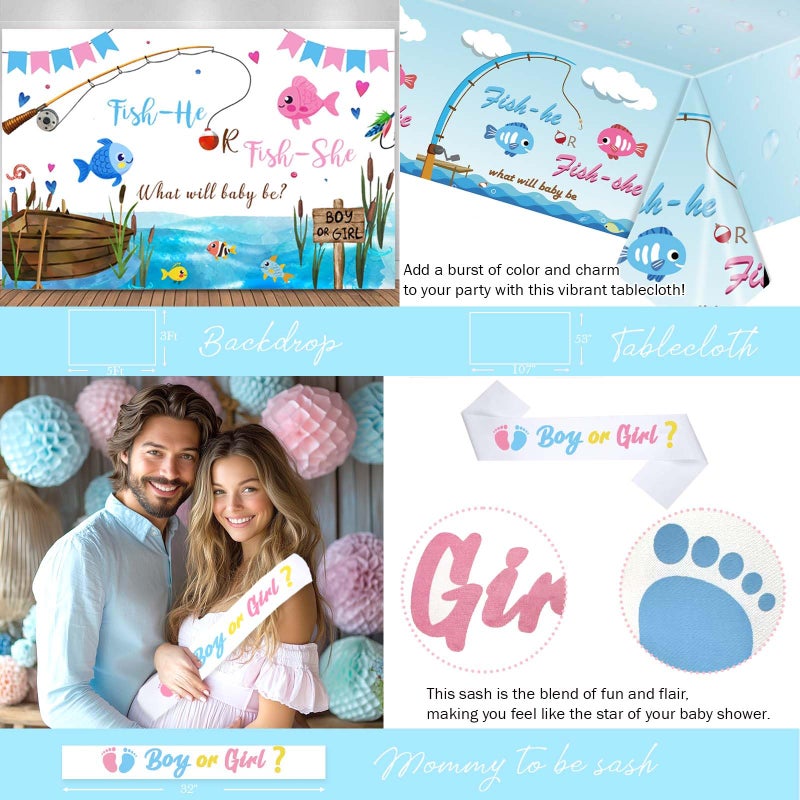 Fiesec Fishing Gender Reveal Decorations, Baby Boy or Girl Gender Reveal Party Decor, Fish She or Fish He Backdrop Balloon Banner Tablecloth Box Sash for Gone Fishing Baby Shower Supplies - Image 4
