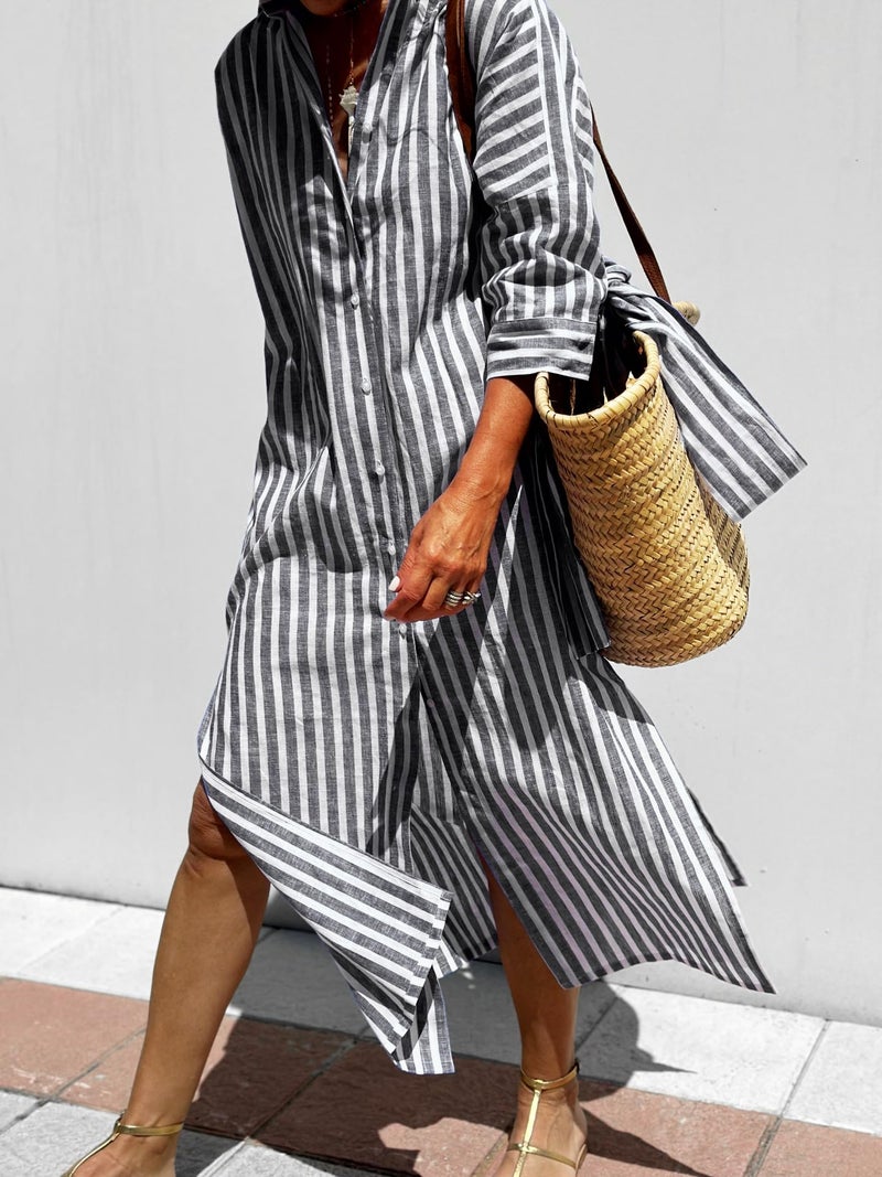 utcoco Womens 2026 Shirt Dress Casual Lapel 3/4 Sleeve Button Down Split Belted Vacation Maxi Dress (Small, Black Striped) - Image 2