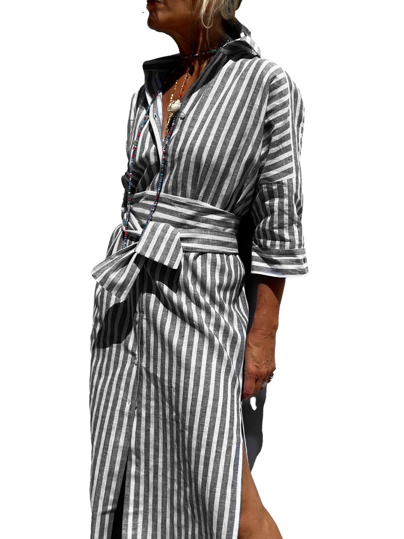 utcoco Womens 2026 Shirt Dress Casual Lapel 3/4 Sleeve Button Down Split Belted Vacation Maxi Dress (Small, Black Striped) - Image 1