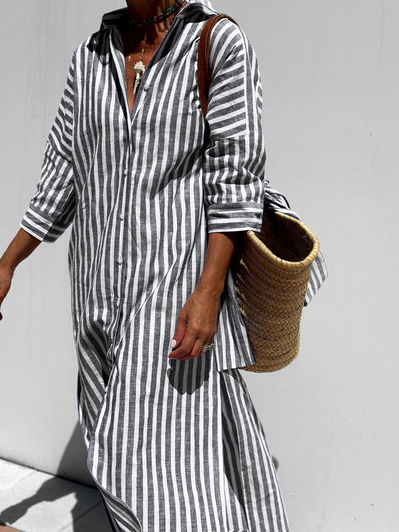 utcoco Womens 2026 Shirt Dress Casual Lapel 3/4 Sleeve Button Down Split Belted Vacation Maxi Dress (Small, Black Striped) - Image 4