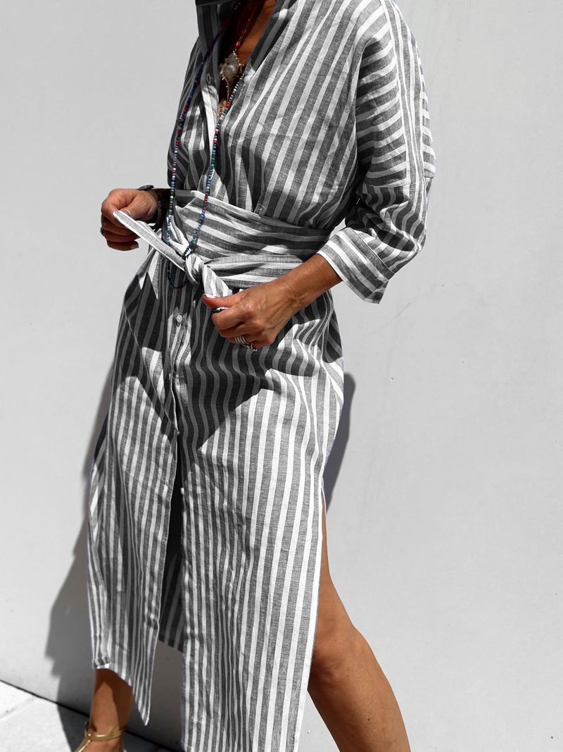 utcoco Womens 2026 Shirt Dress Casual Lapel 3/4 Sleeve Button Down Split Belted Vacation Maxi Dress (Small, Black Striped) - Image 3