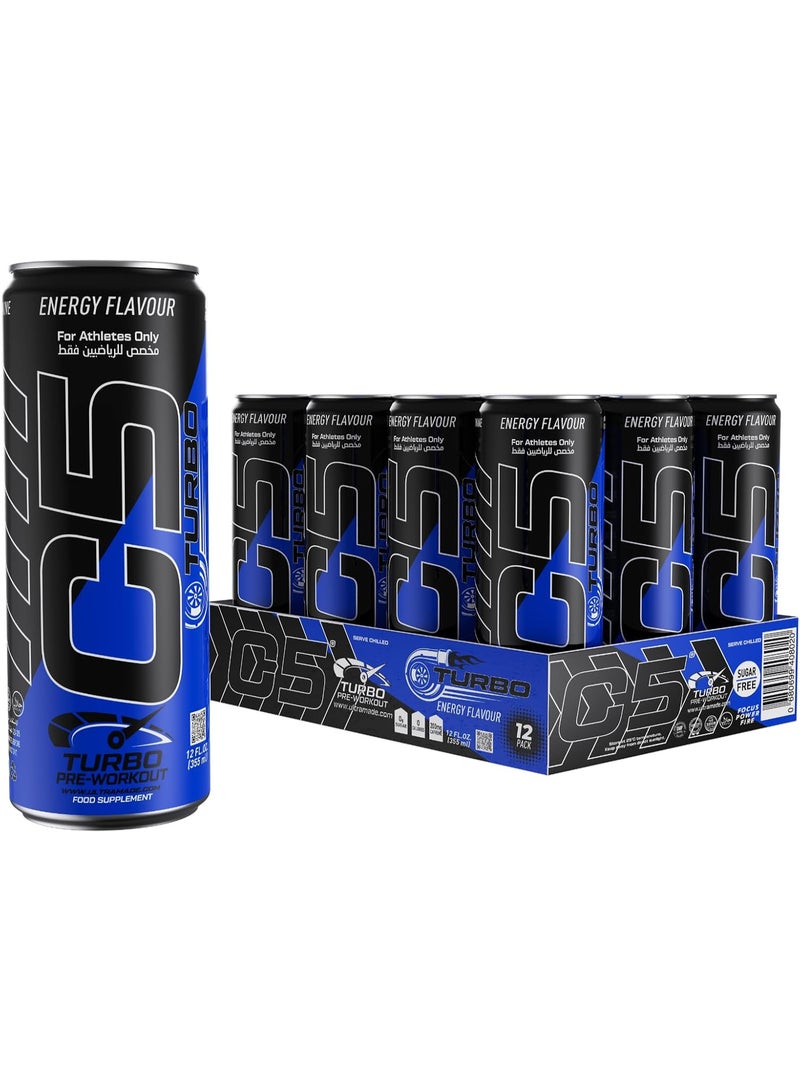 C5 Turbo Pre-Workout Drink – 355 ml | 200 mg Caffeine, Creatine HCL, Beta-Alanine, L-Citrulline | Zero Sugar | For Athletes Only (Pack of 12, Energy Flavour) - Image 1