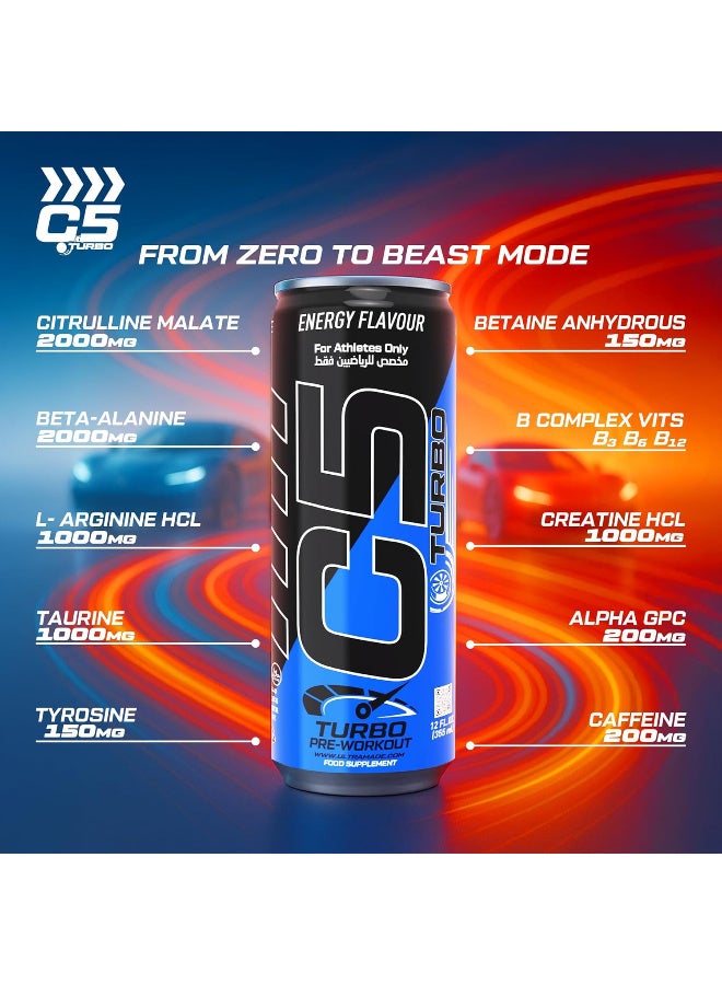 C5 Turbo Pre-Workout Drink – 355 ml | 200 mg Caffeine, Creatine HCL, Beta-Alanine, L-Citrulline | Zero Sugar | For Athletes Only (Pack of 12, Energy Flavour) - Image 4