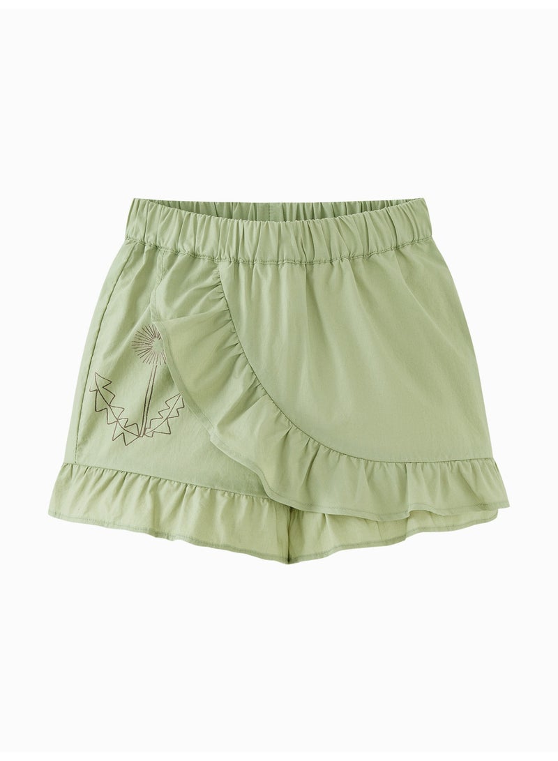 mini bala Girls Toddler Casual Elastic Waist Ruffled Hem Embroidered Detail Shorts Soft Breathable Lightweight Comfortable Summer New Style Adorable Daily Wear Children's Fashion Shorts - Image 4