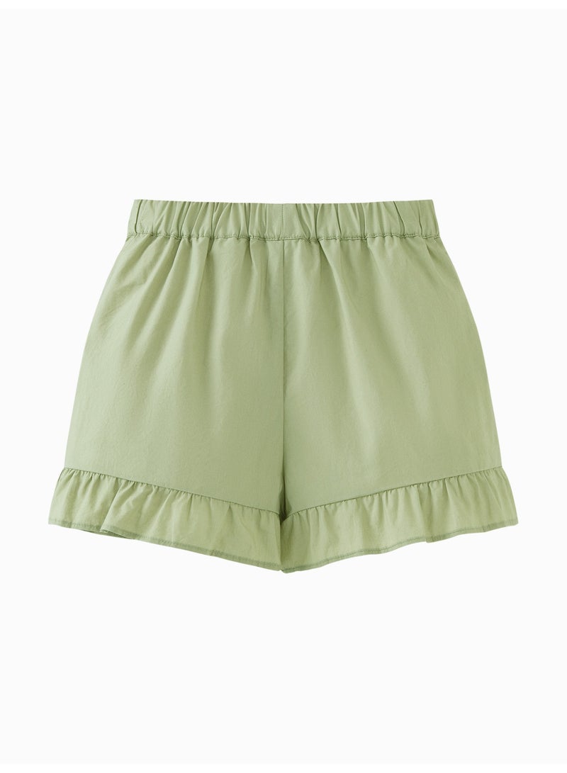 mini bala Girls Toddler Casual Elastic Waist Ruffled Hem Embroidered Detail Shorts Soft Breathable Lightweight Comfortable Summer New Style Adorable Daily Wear Children's Fashion Shorts - Image 5