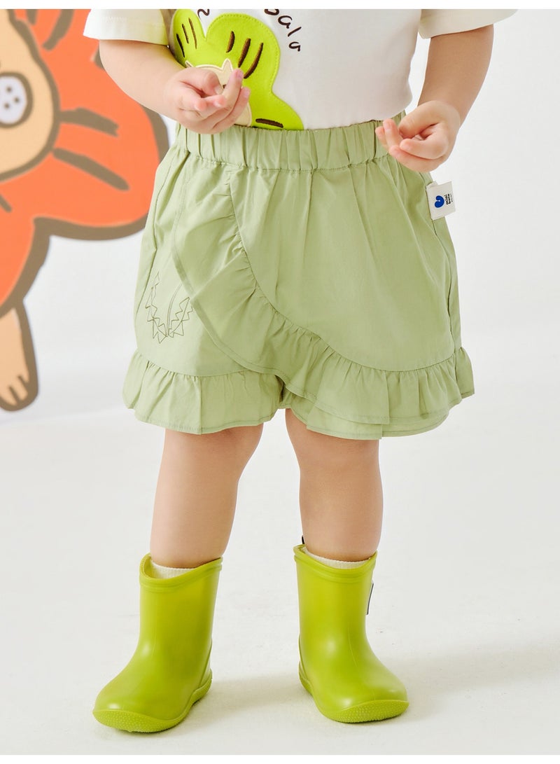 mini bala Girls Toddler Casual Elastic Waist Ruffled Hem Embroidered Detail Shorts Soft Breathable Lightweight Comfortable Summer New Style Adorable Daily Wear Children's Fashion Shorts - Image 1