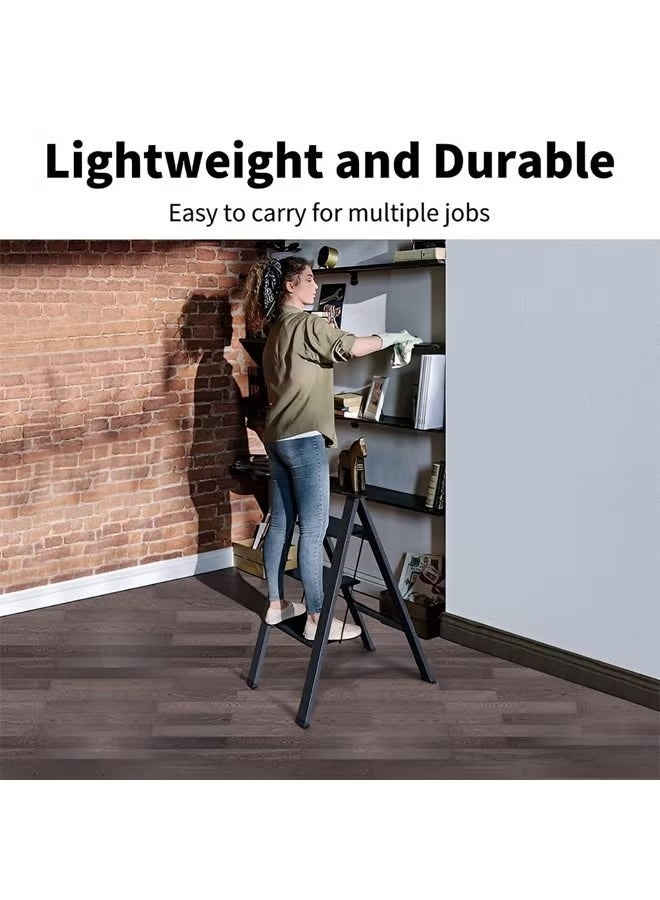 Taimi Aluminum 3-Step Folding Ladder with Wide, Anti-Slip Footrests - Lightweight and Portable, Versatile Ladder for Home and Office, Durable and Safe, Holds up to 150 kg - Black - Image 2