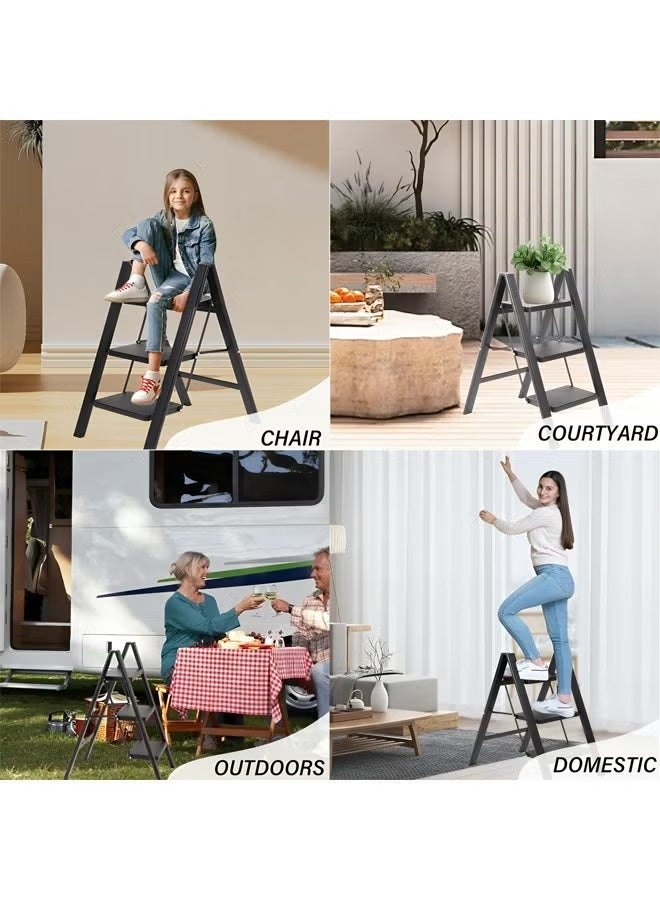 Taimi Aluminum 3-Step Folding Ladder with Wide, Anti-Slip Footrests - Lightweight and Portable, Versatile Ladder for Home and Office, Durable and Safe, Holds up to 150 kg - Black - Image 5