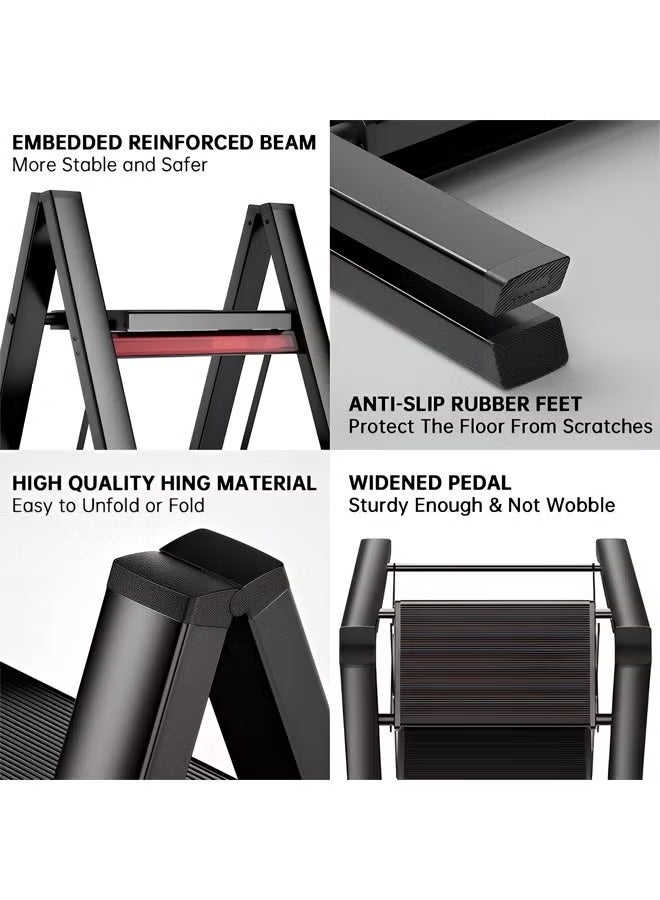 Taimi Aluminum 3-Step Folding Ladder with Wide, Anti-Slip Footrests - Lightweight and Portable, Versatile Ladder for Home and Office, Durable and Safe, Holds up to 150 kg - Black - Image 3