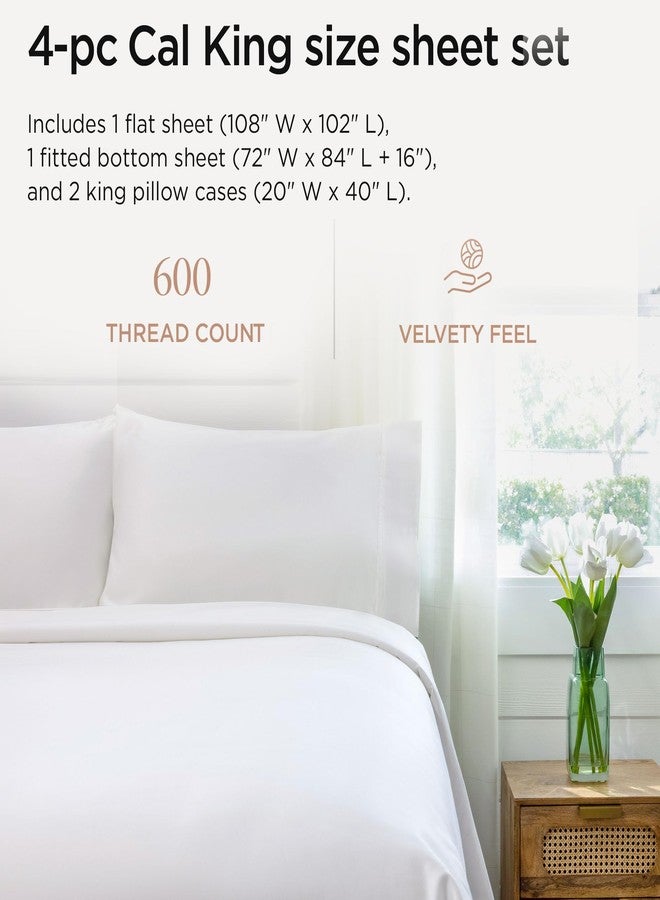 Threadmill 100% Cotton Sheets for Cal King Size Bed - 600 Thread Count Cal King Bed Sheets Set with 16” Deep Pocket - Sateen Weave 4-Piece Bedding Set with Cooling Effect, White - Image 2