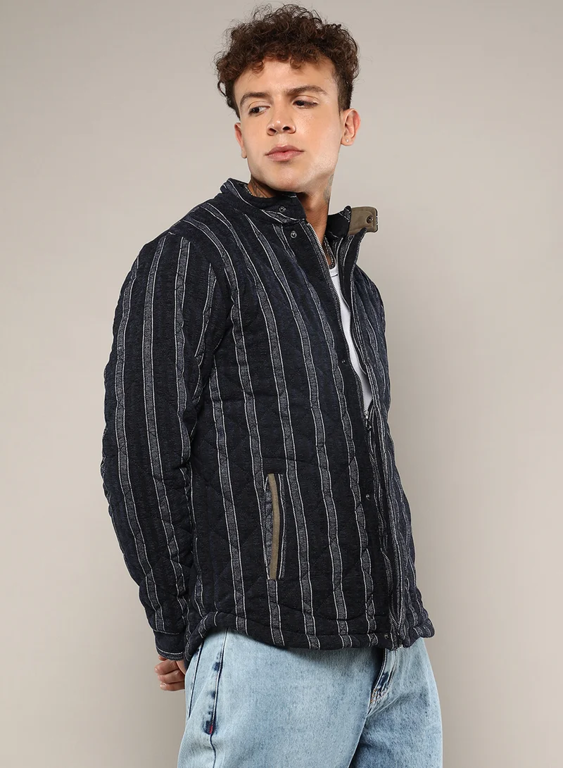Campus Sutra Men's Navy Blue Fleece Block Denim Jacket