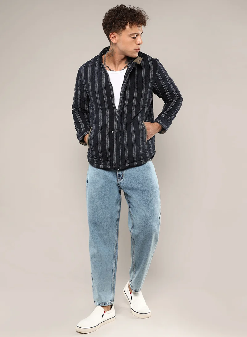 Campus Sutra Men's Navy Blue Fleece Block Denim Jacket