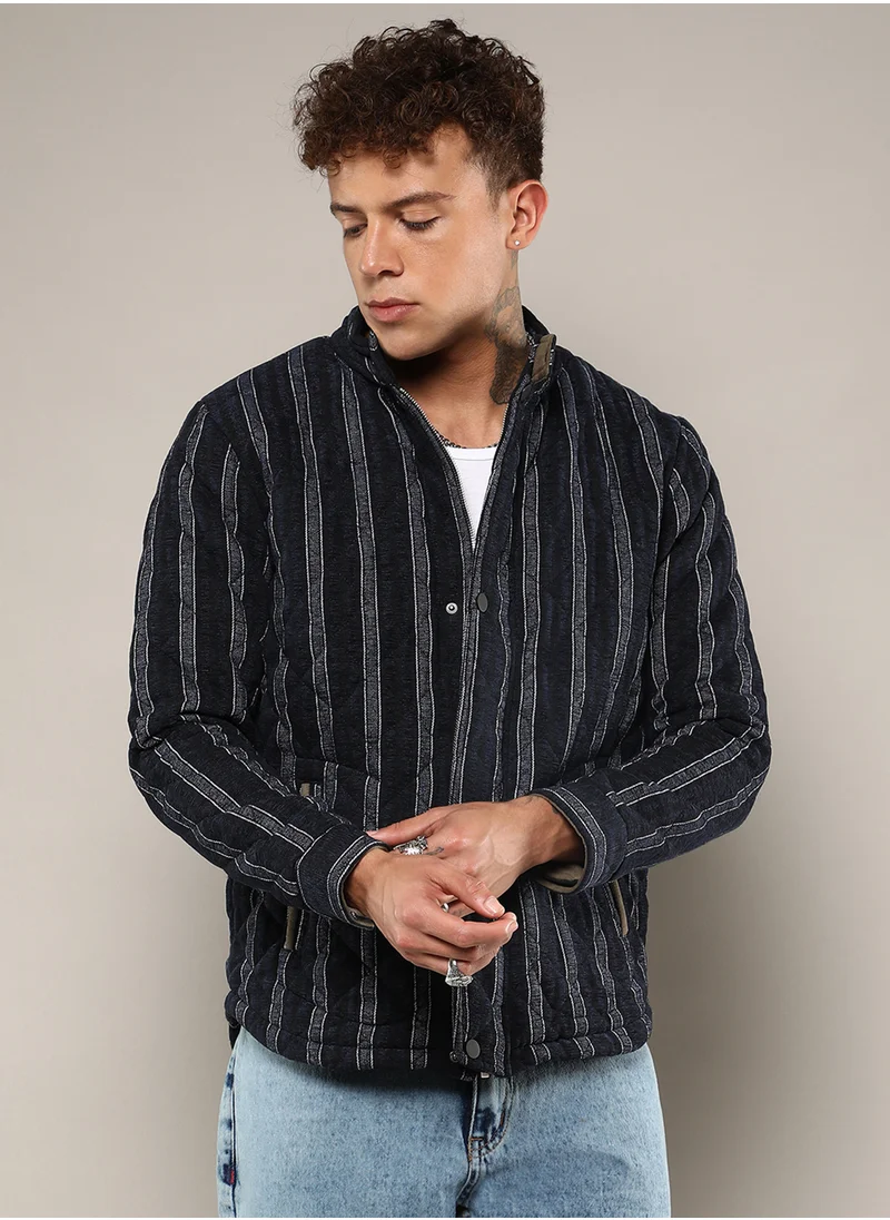 Campus Sutra Men's Navy Blue Fleece Block Denim Jacket