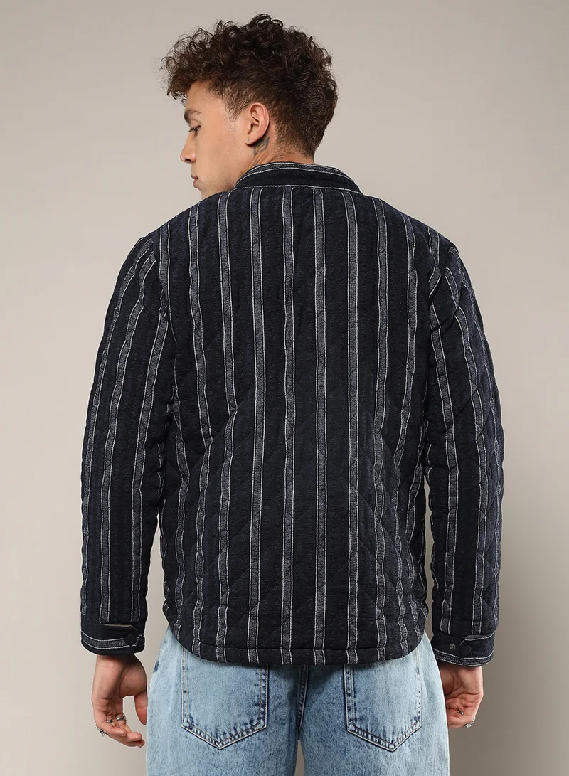 Campus Sutra Men's Navy Blue Fleece Block Denim Jacket