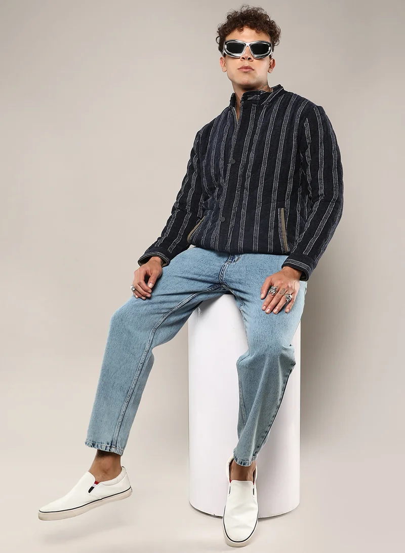 Campus Sutra Men's Navy Blue Fleece Block Denim Jacket