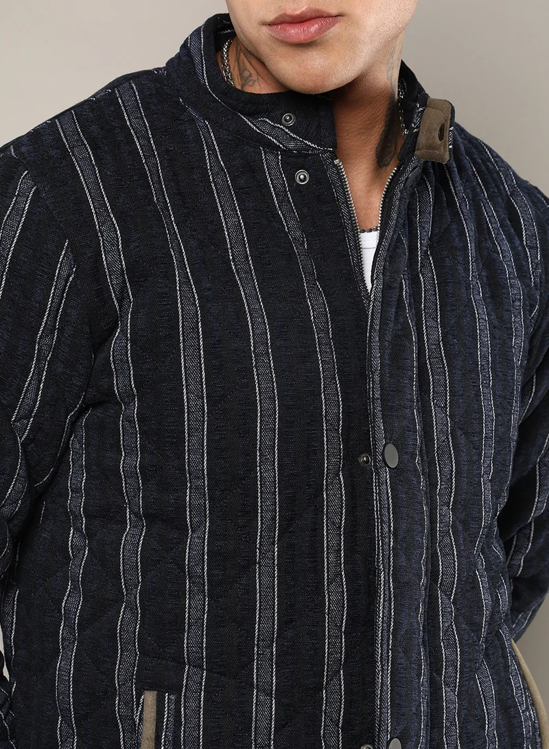 Campus Sutra Men's Navy Blue Fleece Block Denim Jacket