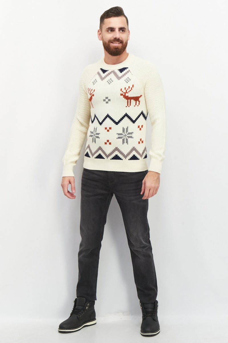 Celio Men Crew Neck Long Sleeve Textured Sweater, Cream Combo - Image 3