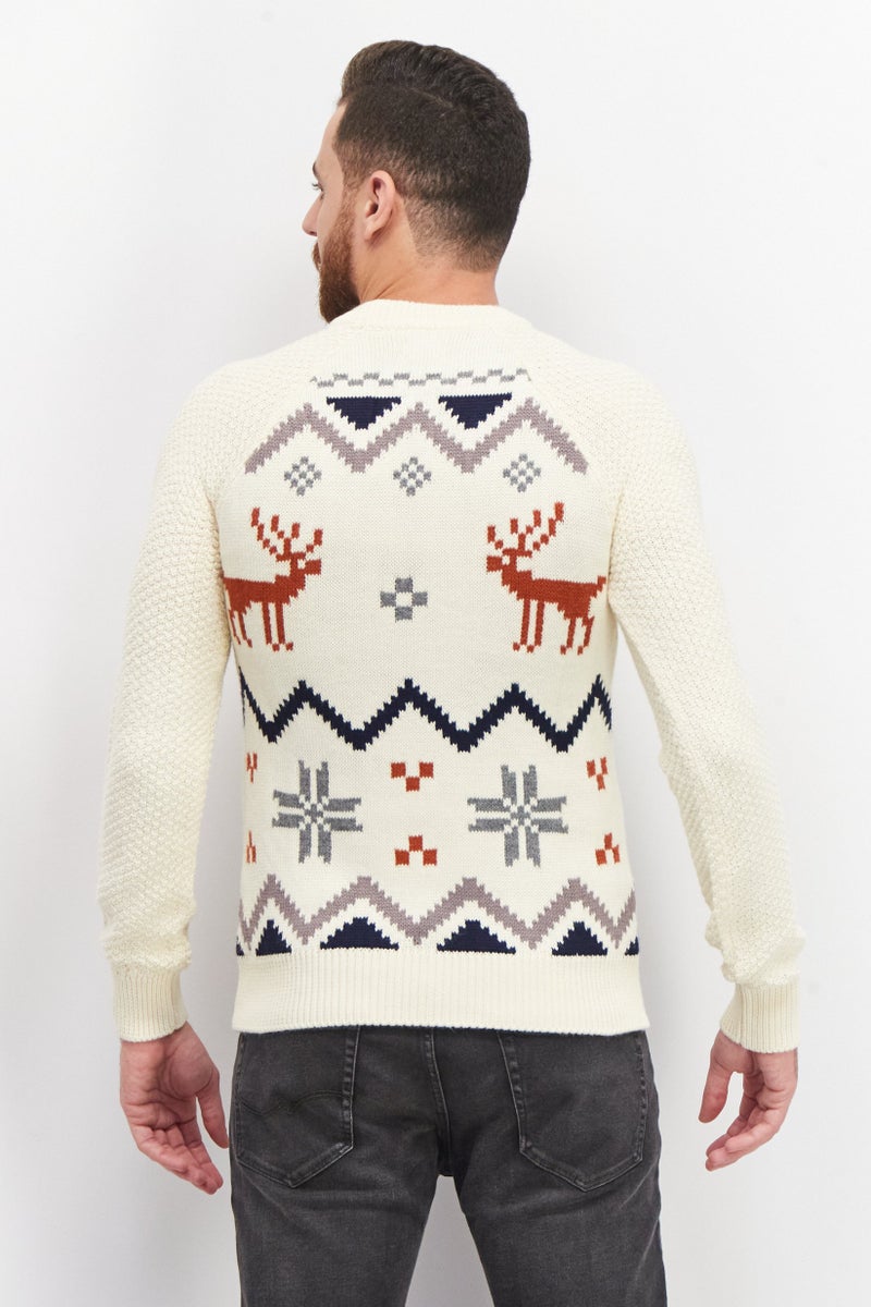 Celio Men Crew Neck Long Sleeve Textured Sweater, Cream Combo - Image 2