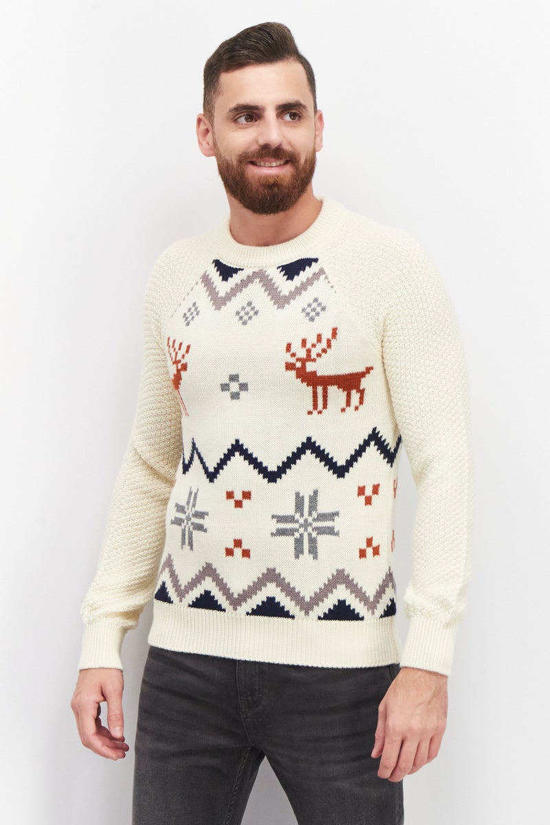 Celio Men Crew Neck Long Sleeve Textured Sweater, Cream Combo - Image 1