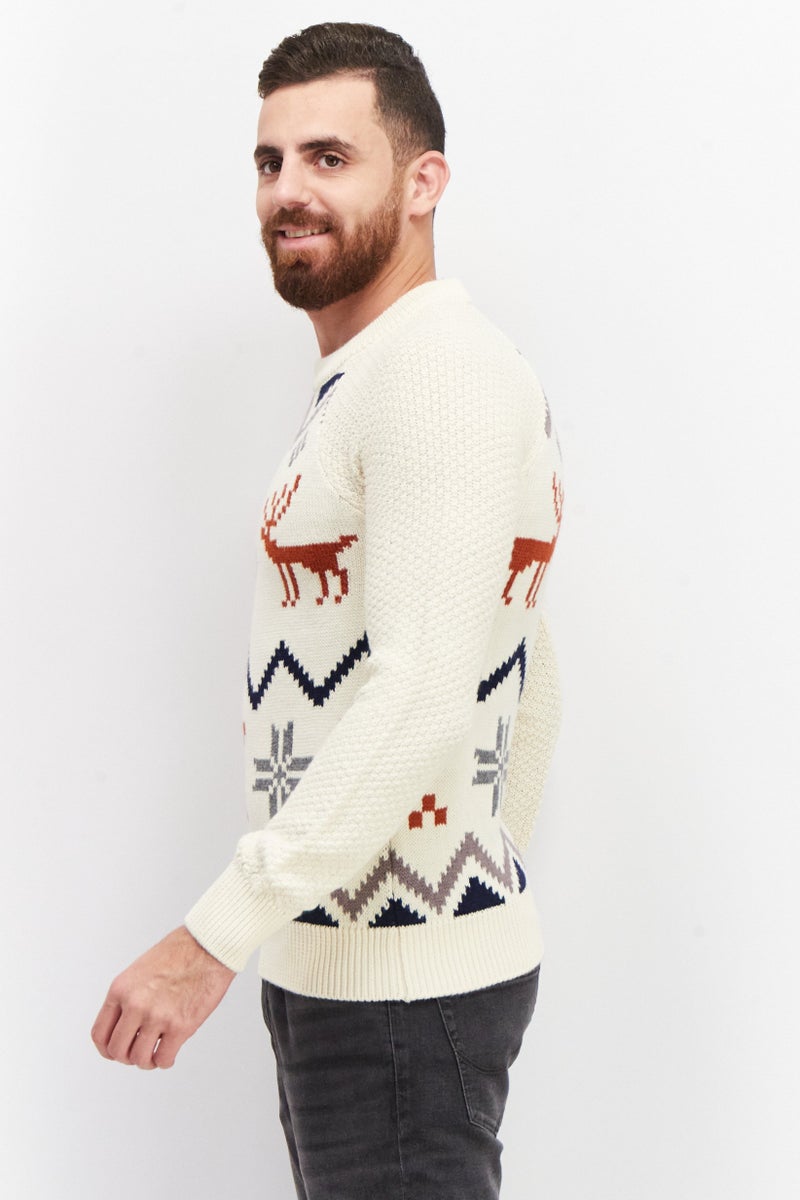 Celio Men Crew Neck Long Sleeve Textured Sweater, Cream Combo - Image 4