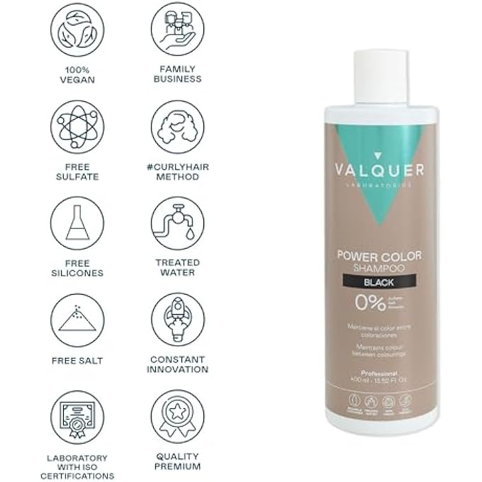 Valquer Laboratorios VALQUER PROFESIONAL SHAMPOO POWER COLOR DYED HAIR VEGAN AND SULPHATE FREE (BLACK HAIR) HAIR COLOUR ENHANCER - 400ML - Image 2