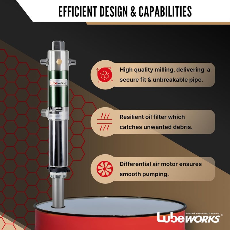 Lubeworks Air Operated Pneumatic Transfer Pump - Heavy Duty Double Action 1:1 High Flow Rate 8.5GPM / 32LPM for SAE80 Oils/Fluids - Image 4