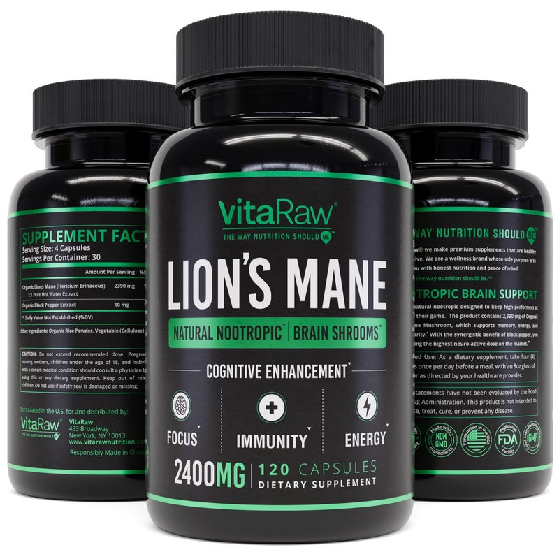 VitaRaw Organic Lions Mane Supplement Capsules 2400 mg Powerful Nootropic Helps Maintain Memory Energy and Mental Clarity Vegan Brain Booster Focus Pills Real Lions Mane Supplement Melena de Leon