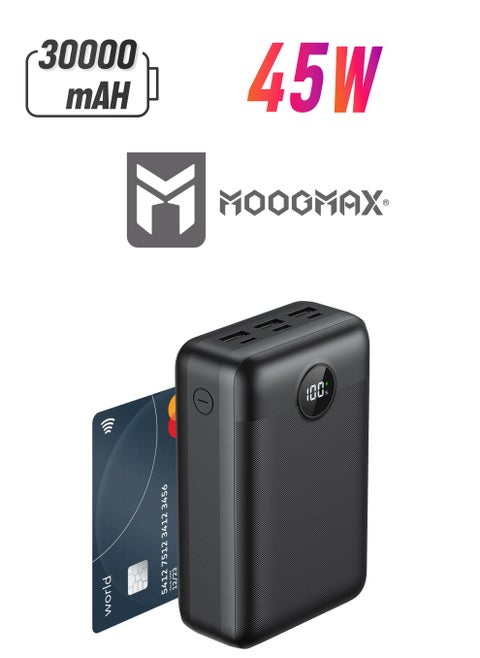 30000mAh Power bank , 45W with six outlets, supports fast charging and a digital display screen, compatible with all devices and can charge a laptop with, in black from Moogmax