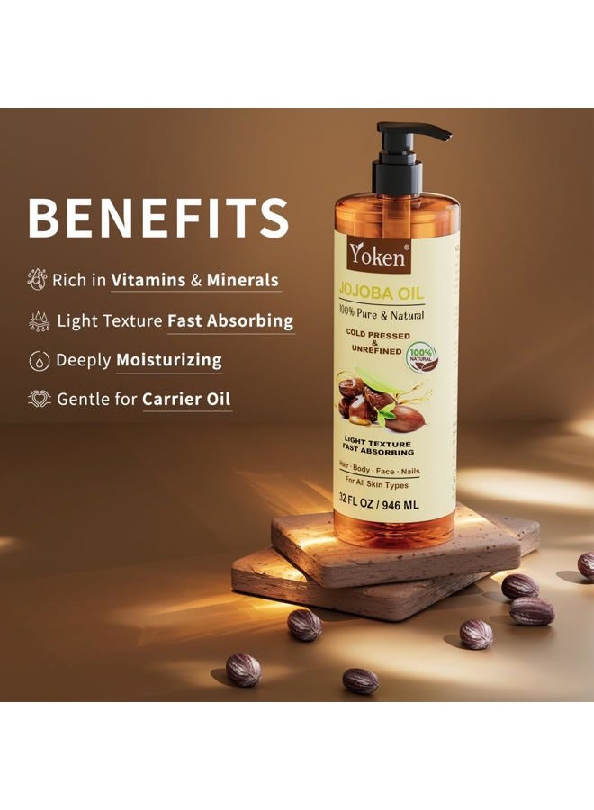 Yoken 32 fl oz (EWG Verified) 100% Pure Jojoba Carrier Oil - Unrefined, Hexane-Free, Cold Pressed for Skin, Face, Hair, Nails, and Massage - Image 4