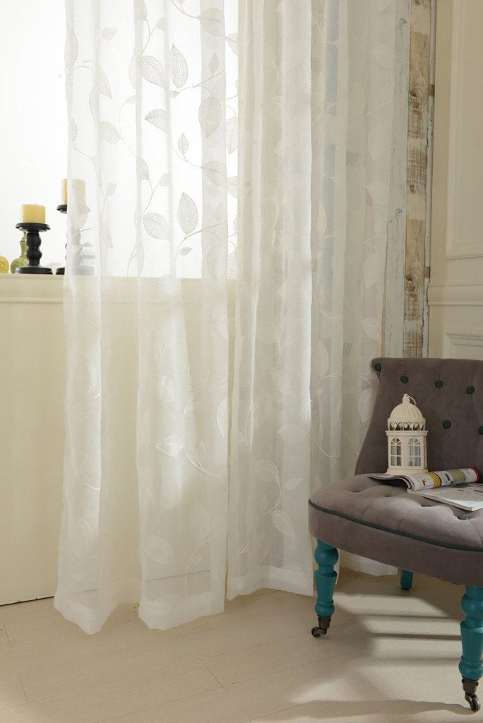 VOGOL White Sheer Curtains 84 inches Long Leaves Embroidered Window Curtain Sheer Voile Panels for Living Room  Bedroom 54x84 Two Panels - Image 1