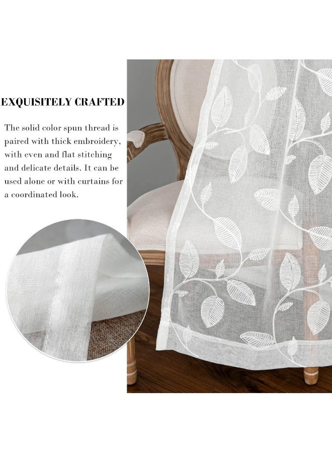 VOGOL White Sheer Curtains 84 inches Long Leaves Embroidered Window Curtain Sheer Voile Panels for Living Room  Bedroom 54x84 Two Panels - Image 2
