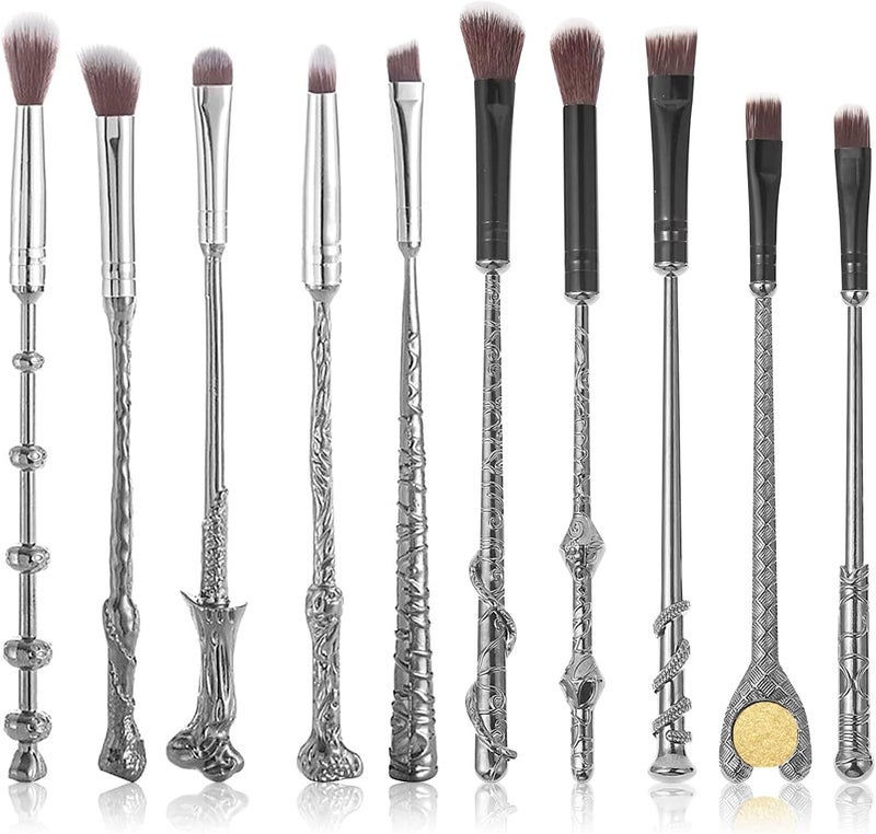 10 PCS Makeup Brush Set Metal Silver Handle Wizard Wand for Foundation Blush Eyeshadow Face Concealer Eyeliner Contour Powder Liquid Eye Anime Gift for Girls Women