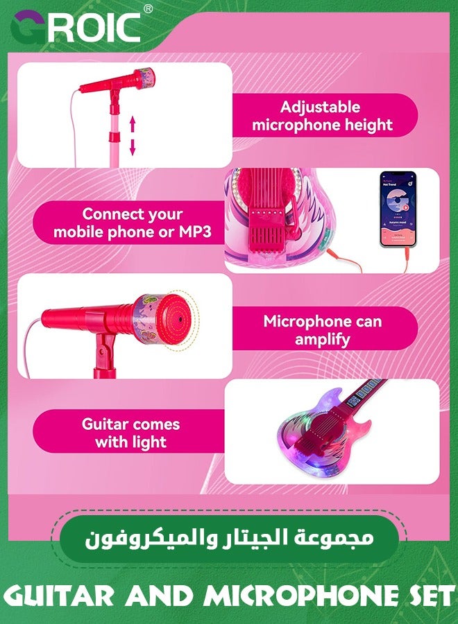 GROIC Guitar and Microphone Play Set for Girls,Karaoke Machine with Music&Light,Microphone Toys with Stand, Adjustable Height Guitar Toys for Kids, Toddlers, Child (Pink) - Image 4