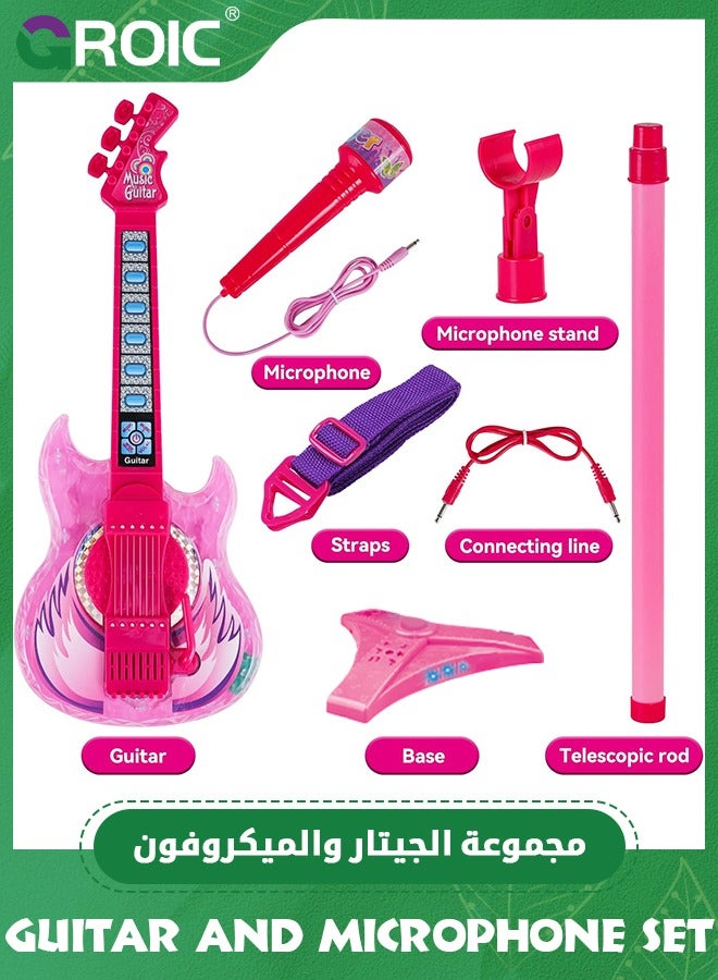 GROIC Guitar and Microphone Play Set for Girls,Karaoke Machine with Music&Light,Microphone Toys with Stand, Adjustable Height Guitar Toys for Kids, Toddlers, Child (Pink) - Image 3
