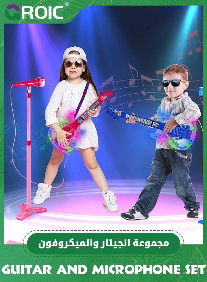GROIC Guitar and Microphone Play Set for Girls,Karaoke Machine with Music&Light,Microphone Toys with Stand, Adjustable Height Guitar Toys for Kids, Toddlers, Child (Pink) - Image 5