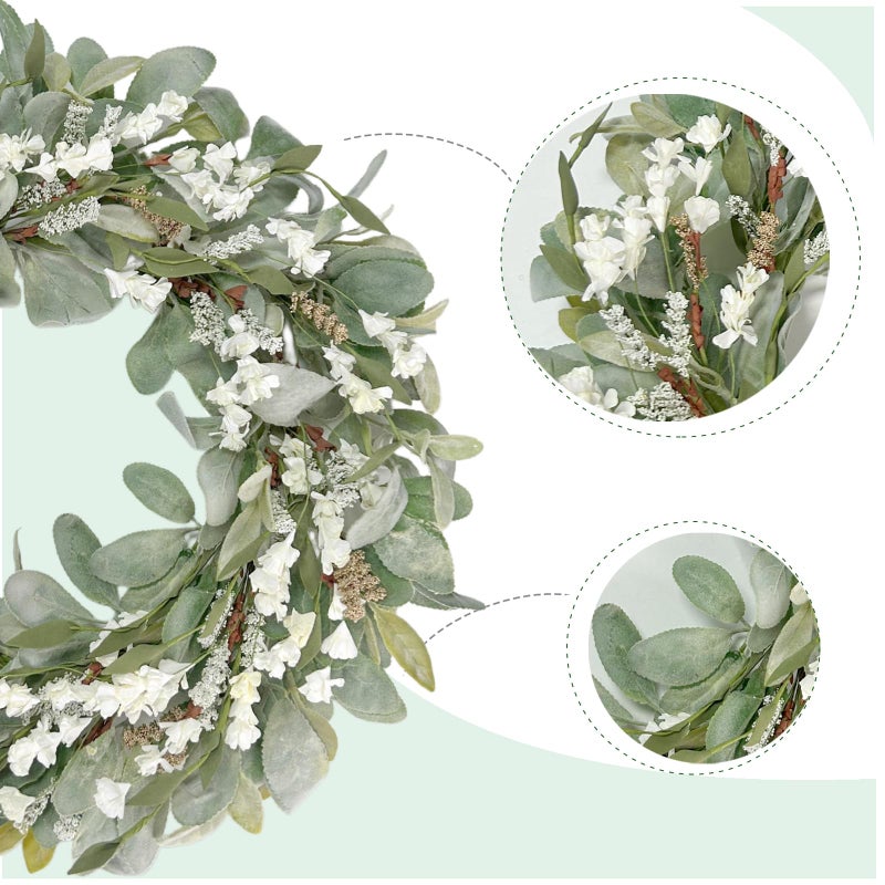 egolot 22 Inch Spring Summer Lamb Ears Leaves Wreath with Ivory Forsythia Flower, Year Round Greenery Floral Wreath for Front Door, All Seasons Rustic Farmhouse Everyday Wreath for Indoor Outdoor Decor - Image 2