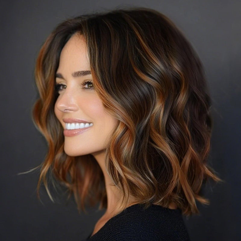 AISI HAIR 14 Inch Highlights Caramel Brown Wigs for Women - Shoulder Length Wave Wig with Pre-Cut Lace Hairline, Middle Part Natural Wavy Bob Synthetic Heat Resistant Fiber for Daily and Party - Image 1