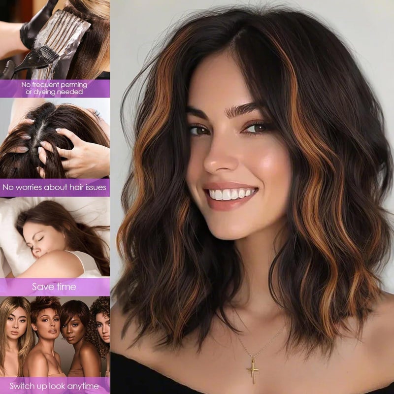 AISI HAIR 14 Inch Highlights Caramel Brown Wigs for Women - Shoulder Length Wave Wig with Pre-Cut Lace Hairline, Middle Part Natural Wavy Bob Synthetic Heat Resistant Fiber for Daily and Party - Image 5