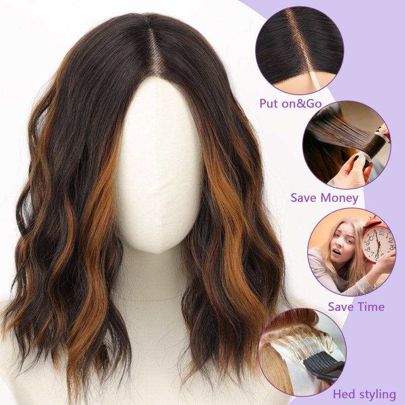 AISI HAIR 14 Inch Highlights Caramel Brown Wigs for Women - Shoulder Length Wave Wig with Pre-Cut Lace Hairline, Middle Part Natural Wavy Bob Synthetic Heat Resistant Fiber for Daily and Party - Image 2
