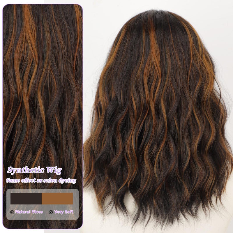 AISI HAIR 14 Inch Highlights Caramel Brown Wigs for Women - Shoulder Length Wave Wig with Pre-Cut Lace Hairline, Middle Part Natural Wavy Bob Synthetic Heat Resistant Fiber for Daily and Party - Image 3