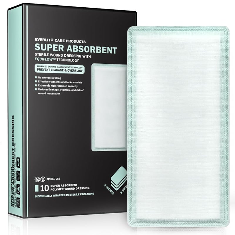 EVERLIT CARE EquiFlow Super Absorbent Dressing for Heavily Exuding Wound | Fast-Absorbing Non-Adhesive Polymer Dressing with Nonstick Gauze Pad | High Absorption & Retention | Pack of 10 (4" x 8") - Image 1
